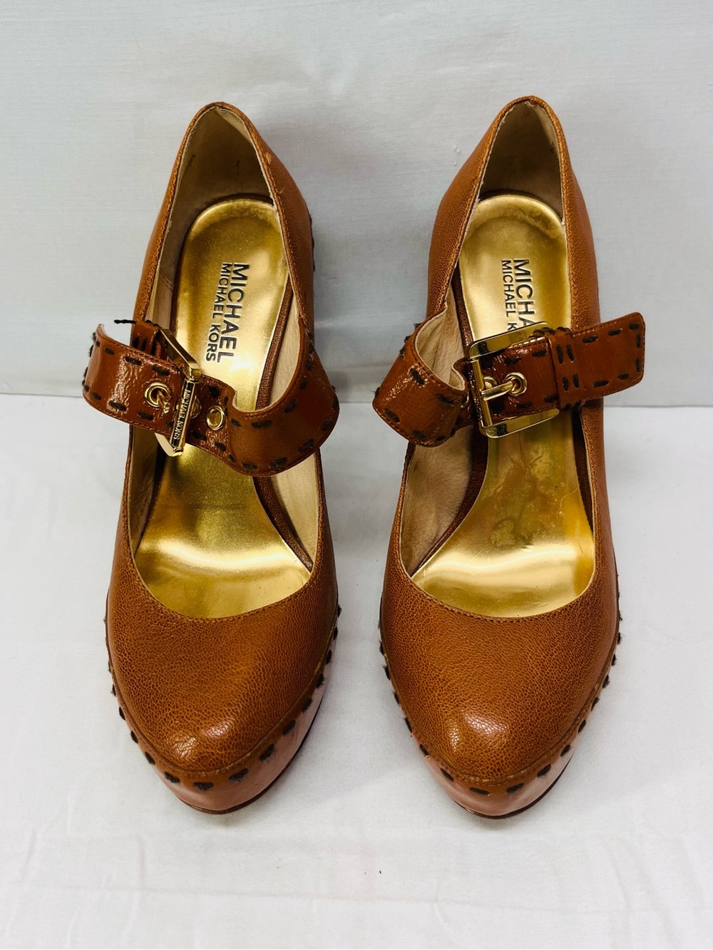 MICHAEL Michael Kors Brown Leather Mary Jane Pumps with Gold Insole